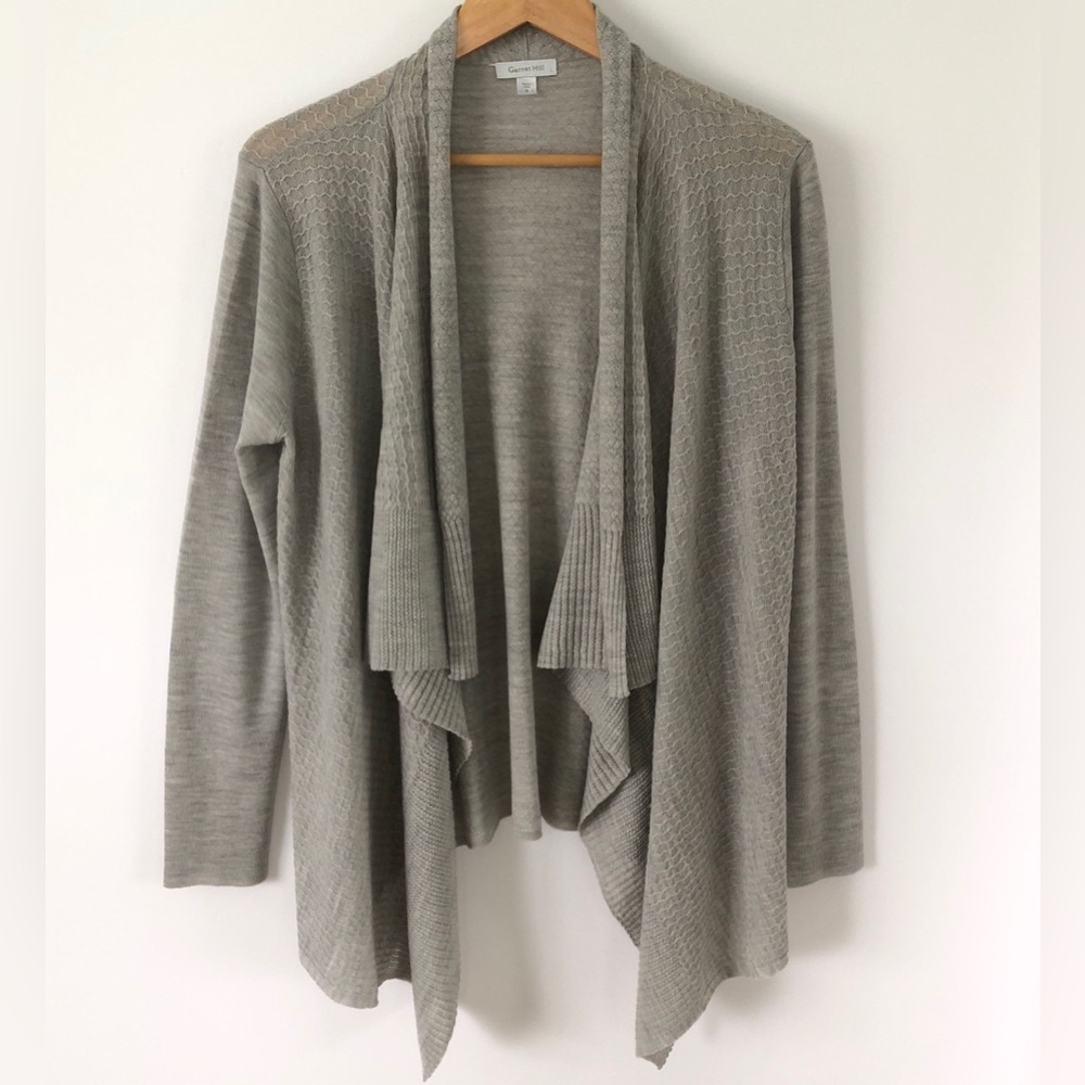Garnet Hill Women's Gray Textured Open Front Waterfall Cardigan Merino Wool S
